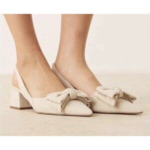ASOS Design Bow Block Heels Size 11 Pointed Toe Fabric Cream Slingback Coquette